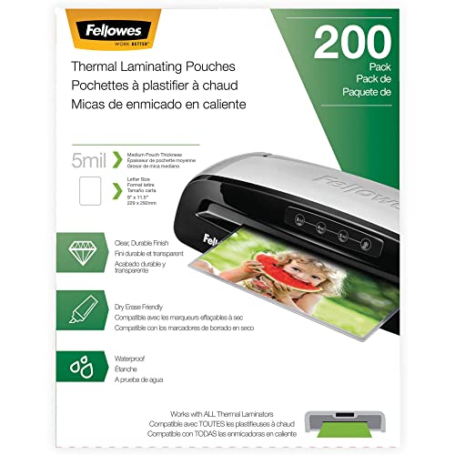 Fellowes Thermal Laminating Pouches, Letter Size Sheets, 5mil 200pk, Clear (5743601)