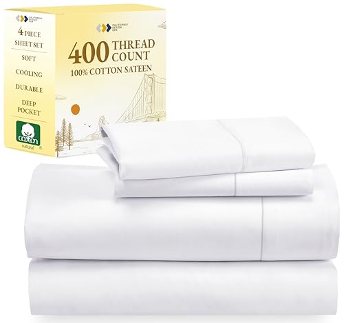 California Design Den Full Size Bed Sheets, Good Housekeeping Award Winner 400 Thread Count 100zz Cotton Sheets Sateen, Deep Pocket Full Size Sheet Sets, Soft 4-Pc Breathable & Cooling Sheets (White)