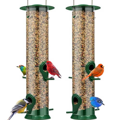 Gray Bunny 2 Pack, 12 Inches Tube Bird Feeders for Outdoors Hanging, 4 Feeding Ports, Hard Plastic Feeder Outdoor Weatherproof & Steel Hanger, Bird Feeders, Finch Feeder, Bird Feeders Outside Hanging