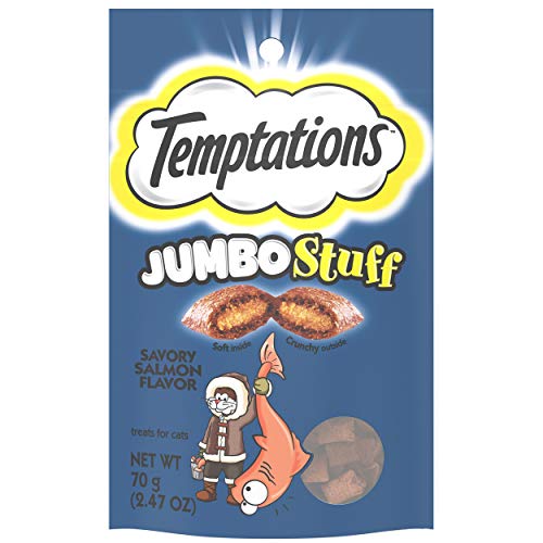 TEMPTATIONS Jumbo Stuff Crunchy and Soft Cat Treats Savory Salmon Flavor, 2.5 oz. Pouch (Pack of 12)