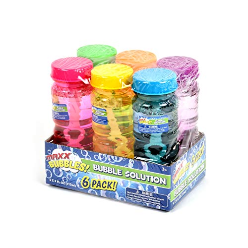 Sunny Days Entertainment 6 Pack Bubble Solution – 4oz Bubble Blower Bottles with 6-Hole Wand | Bottle of Bubble Solution for Kids | Birthday Party Favor Toy - Maxx Bubbles