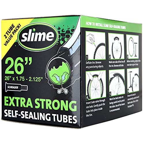 Slime 30074 Bike Inner Tubes with Slime Puncture Sealant, Extra Strong, Self Sealing, Prevent and Repair, Schrader Valve, 26"x1.75-2.125", Value 2-Pack