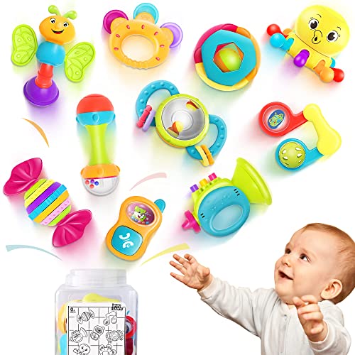 iPlay, iLearn 10pcs Baby Rattles Toys Set, Infant Grab Shake Rattle, Sensory Teether, Babies Development Learning Music Toy, Newborn First Birthday Gift 0 1 2 3 4 5 6 7 8 9 10 12 Month Boy Girl