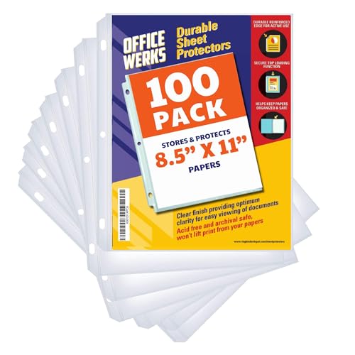 Office Werks 100 Clear Sheet Protectors, 8.5x11 Inch for 3 Ring Binder, Plastic Sheet Sleeves, Top Loading Paper Protector with Reinforced Holes, Archival Safe for Documents and Photos