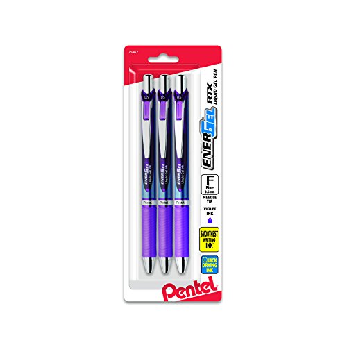 Pentel EnerGel RTX Retractable Liquid Gel Pen (0.5mm) Needle Tip, Fine Line, Violet Ink 3-Pk (BLN75BP3V)