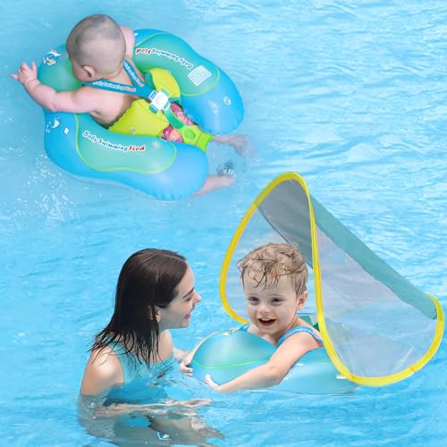 Free Swimming Baby Inflatable Baby Swim Float with Sun Canopy Size Improved Infant Pool Floaties Swimming Pool Toys for The Age of 3-72 Months(Blue, L)