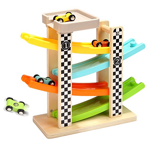 Toddler Toys for 1 2 Year Old Boy and Girl Gifts Wooden Race Track Car Ramp Racer with 4 Mini Car