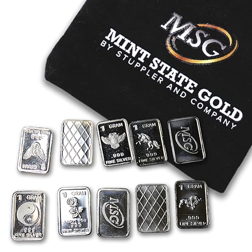 TEN One Gram .999 pure Silver Bars with random designs in a jewelry pouch (Original Version)