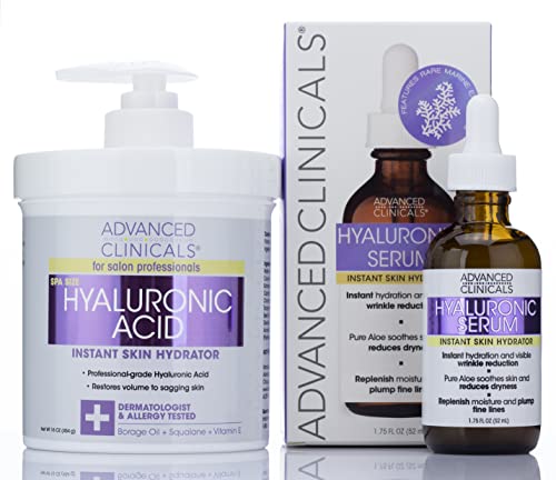 Advanced Clinicals Hyaluronic Acid Moisturizer Body Cream + Hyaluronic Acid Serum Skin Care Product 2pc Bundle, Face Serum & Body Lotion Targets Wrinkles, Dark Spots, Fine Lines, & Dry Skin, 2pc Set