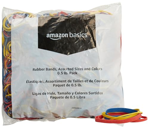 Amazon Basics Assorted Size and Color Rubber Bands, 0.5 lb.