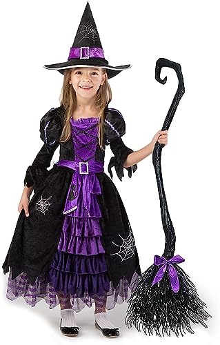 Spooktacular Creations Fairytale Witch Cute Witch Costume Deluxe Set with Broom for Girls (M 8-10)