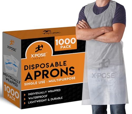 Xpose Safety 1000 White Plastic Disposable Aprons for Cooking & more Individually Packaged Durable 1 Mil Waterproof Polyethylene 24" x 48"