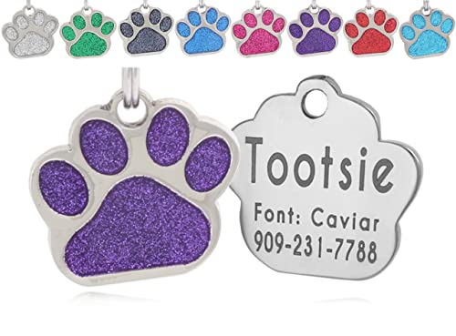 io Tags Pet ID Tags, Personalized Dog Tags and Cat Tags, Custom Engraved, Easy to Read, Cute Glitter Paw Pet Tag (Purple)