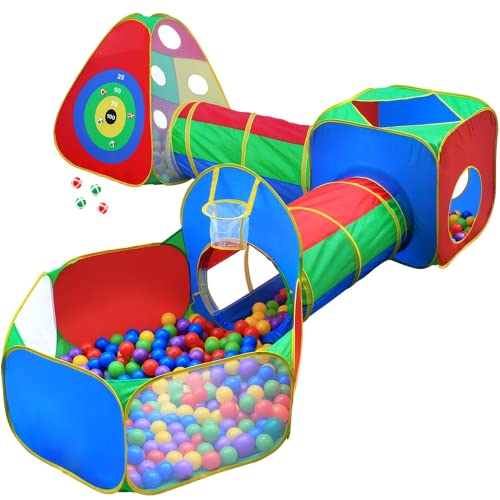 Hide N Side 5pc Kids Ball Pit Tents and Tunnels, Toddler Jungle Gym Play Tent with Play Crawl Tunnel Toy, for Boys Babies Infants Children, Indoor Outdoor Gift, Target Game w_ 4 Dart Balls