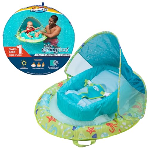 SwimWays Baby Spring Float with Adjustable Canopy and UPF Sun Protection, Green Octopus