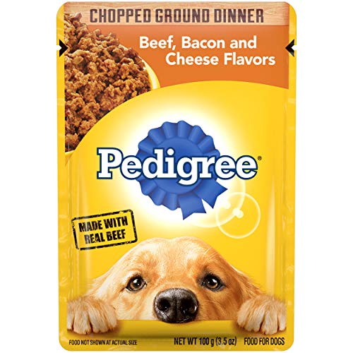 PEDIGREE CHOPPED GROUND DINNER Adult Soft Wet Dog Food, Beef, Bacon & Cheese Flavors, 3.5 oz Pouches, 16 Pack