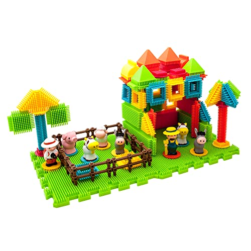 PicassoTiles PTB100 100pcs Bristle Shape 3D Building Blocks Tiles Farm Theme Set Learning Playset STEM Toy Set Educational Kit Child Branin Development Preschool Kindergarten Toy