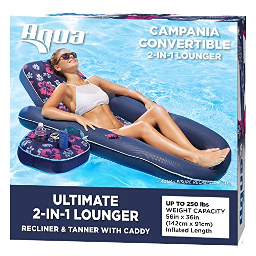 Aqua Campania Ultimate 2 in 1 Recliner & Tanner Pool Lounger with Adjustable Backrest and Caddy, Inflatable Pool Float, Navy Hibiscus (AQL14856AZ)