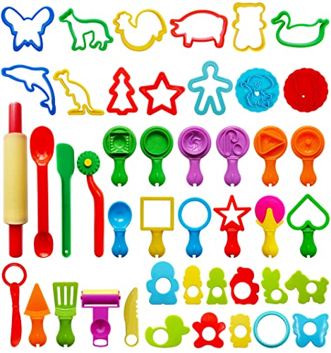 FRIMOONY Dough Tools Set for Kids, Various Plastic Molds, Assorted Colors, 45 Pieces