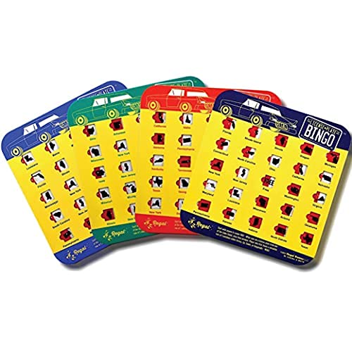 Regal Bingo - Original License Plate Travel Bingo Set - Travel Bingo Cards for Family Vacations, Car Rides, and Road Trips - Yellow - 4 Pack