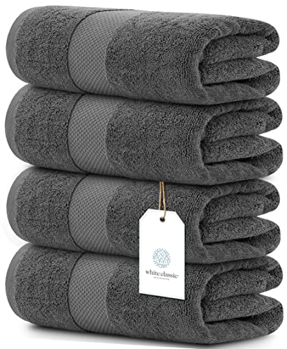 Luxury White Bath Towels Large - 100zz Soft Cotton 700 GSM | Absorbent Hotel Bathroom Towel | 27 inch X 54 inch | Set of 4 | Gray