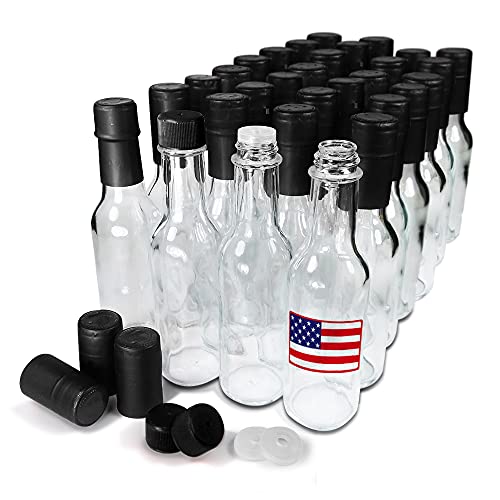 Hot Sauce Woozy Bottles Empty 5 Oz Complete Sets of Premium Commercial Grade Clear Glass Dasher Bottle with Shrink Capsule, Leak Proof Screw Cap, Snap On Orifice Reducer Dripper Insert (Black 30 Sets)