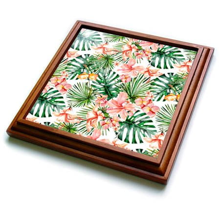 3dRose Aloha Hibiscus Flower Leaves Monstera Jungle Tropical Hawaii Pattern Trivet with Tile, 8 by 8"