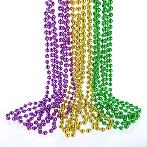 GIFTEXPRESS 12 pcs Mardi Gras Beads, 33" Multi Colors Necklaces Bundle, Party Costume Necklace Metallic Colors in Gold, Green, Purple