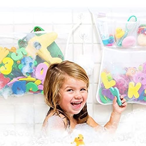 Original Tub Cubby Bath Toy Storage (2 -Pack) for Baby Bath Toys, Hanging bath toy holder with Suction & Adhesive Hooks, 14x20" Mesh Net Shower Caddy for Bathtub Toys, 36 Soft Foam Letters & Numbers