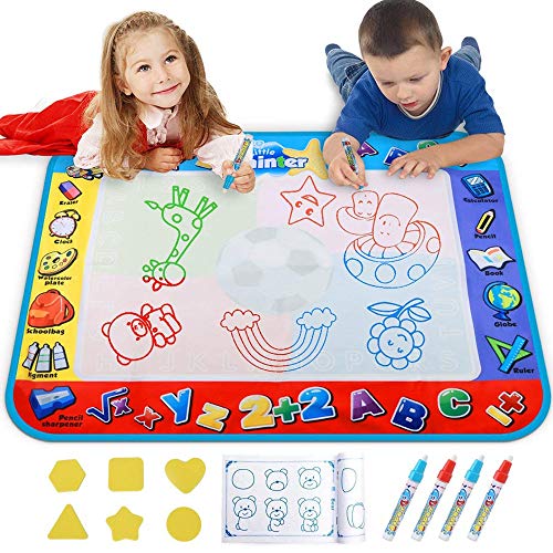 Alago Aqua Coloring Mat,Kids Toys Large Water Painting Mat,Toddlers Doodle Pad with 4 Colors,Gifts for Girls Boys Age 3 4 5+ Years Old,4 Pens,Drawing Molds and Booklet Included