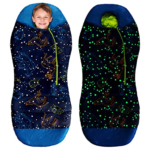 AceCamp Glow in The Dark Mummy Sleeping Bag for Kids and Youth, Temperature Rating 30°F_-1°C, Water-Resistant for Camping, Hiking, and Slumber Party (Blue, Kid