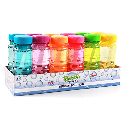 Big Bubble Bottle 12 Pack - 4oz Blow Bubbles Solution Novelty Summer Toy - Activity Party Favor Assorted Colors Set