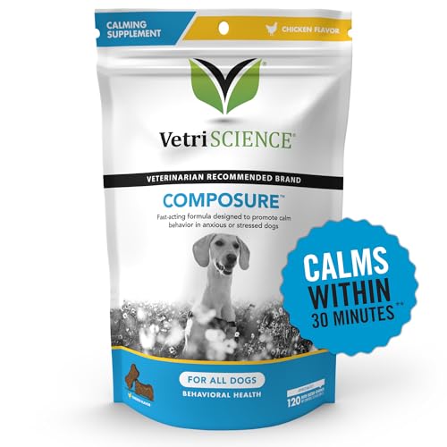 VetriScience Composure Calming Chews for Dogs - Clinically Proven Dog Anxiety Relief Supplement with Colostrum, L-Theanine & Vitamin B1 for Stress, Storms, Separation & More, 120 Count, Chicken Flavor