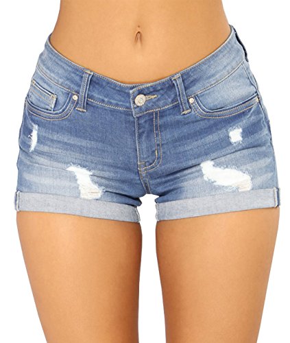 Govc Women Casual Summer Mid Waist Stretchy Denim Jean Shorts Junior Short Jeans Light Blue