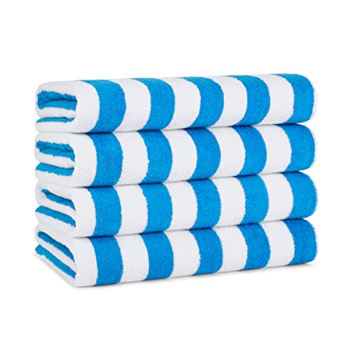 Arkwright California Cabana Stripe Beach Towel - Pack of 4 - Large Soft Quick Dry Cotton Terry Towels Set for Pool, Swim, and Hot Tub, Oversized 30 x 70 in, Blue