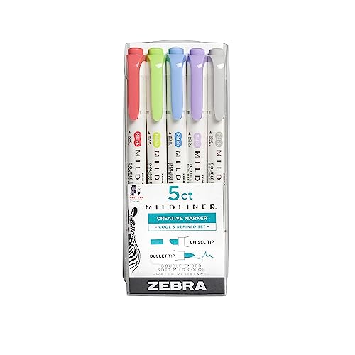 Zebra Pen Mildliner, Double Ended Highlighter, Broad and Fine Tips, Assorted Cool and Refined Colors, 5-Count