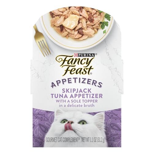 Purina Fancy Feast Appetizers Lickable Grain Free Wet Cat Food Topper Skipjack Tuna Appetizer with Sole - (Pack of 10) 1.1 oz. Trays