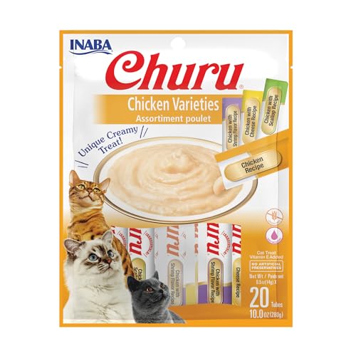 INABA Churu Cat Treats, Grain-Free, Lickable, Squeezable Creamy Purée Cat Treat_Topper with Vitamin E & Taurine, 0.5 Ounces Each Tube, 20 Tubes, Chicken Variety