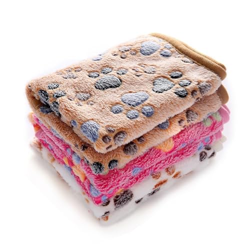 1 Pack 3 Blankets Super Soft Fluffy Premium Fleece Pet Blanket Flannel Throw for Dog Puppy Cat Paw Brown_Pink_White Small(23x16 inch)