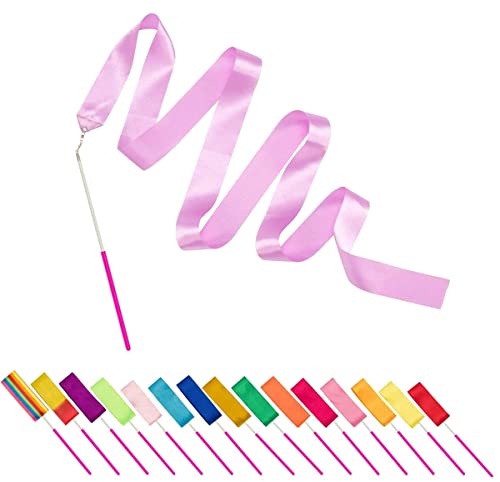 PAMASE Dance Ribbons - 16 Packs Ribbon Wands with Non-Slip Handle for Kids, 6.6ft Rhythmic Gymnastics Dancing Rainbow Twirler Sticks Streamers Dance Flags