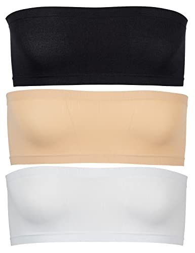 Popular Girls Strapless Bandeau Bra - Seamless Girls Training Bras for Teens. Sports Tube Top Bra 8-14 Age. 3 Pack Nude, Black, White