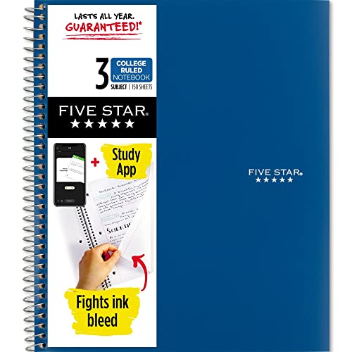 Five Star Spiral Notebook + Study App, 3 Subject, College Ruled Paper, Fights Ink Bleed, Water Resistant Cover, 8-1_2" x 11", 150 Sheets, Blue (73623)