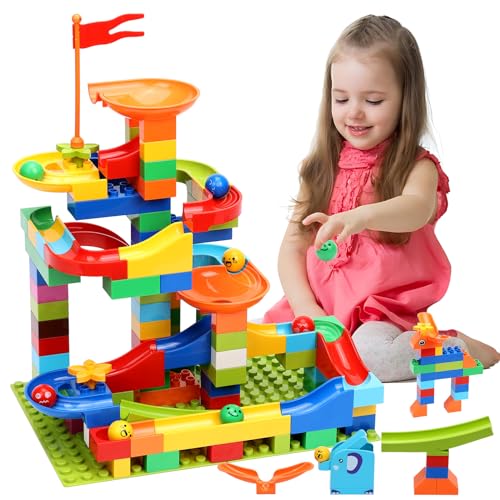 COUOMOXA Marble Run Building Blocks Classic Big Blocks STEM Toy Bricks Set Kids Race Track Compatible with All Major Brands 110 PCS Various Track Models for Boys Girls Toddler Age 3,4,5,6,7,8+