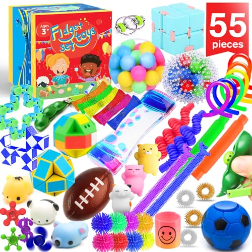 PP PHIMOTA Sensory Toys Set 55 Pack, Stress Relief Fidget Hand Toys for Adults and Kids, Sensory Fidget and Squeeze Widget for Relaxing Therapy - Perfect for ADHD Add Anxiety Autism