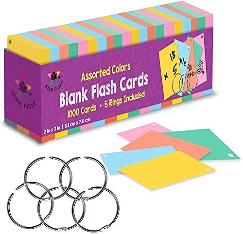 Star Right Assorted Colored Blank Flash Cards - 2"x3" Blank Index Note Cards, Flash Cards Blank, 1000 Pre Hole Punched Index Cards w_Metal Binder Rings, Blank Flashcards for GMT Prep, Math, Language