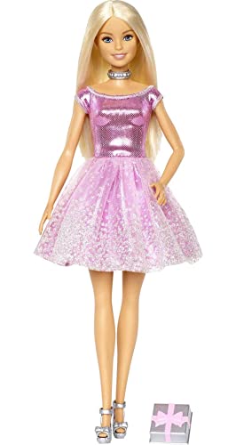 Barbie Happy Birthday Doll with Blonde Hair and Blue Eyes, Pink Glitter Party Dress, and Silvery Accessories