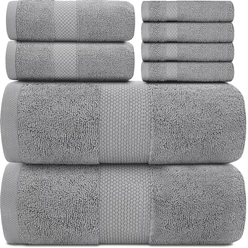 White Classic Luxury Light Grey Bath Towel Set - Combed Cotton Hotel Quality Absorbent 8 Piece Towels | 2 Bath Towels | 2 Hand Towels | 4 Washcloths [Worth $72.95] Light Grey | 8 Pack