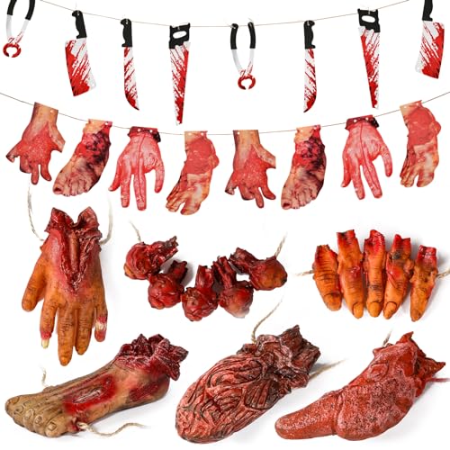 Halloween Decorations Blood Weapon Garland Banner Props Hanging Scary Fake Severed Hand Broken Body Parts for Haunted House Halloween Vampire Zombie Party Supplies (6pcs Body Parts)