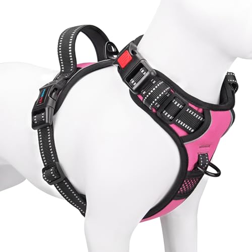 PHOEPET Reflective Dog Harness Large Breed Adjustable No Pull Vest with Handle 2 Metal Rings 3 Buckles [Easy to Put on & Take Off](XL, Pink)