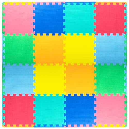 ProSource Foam Puzzle Floor Play Mat for Kids and Babies with Solid Colors, 36 or 16 Interlocking Tiles with Borders, Assorted